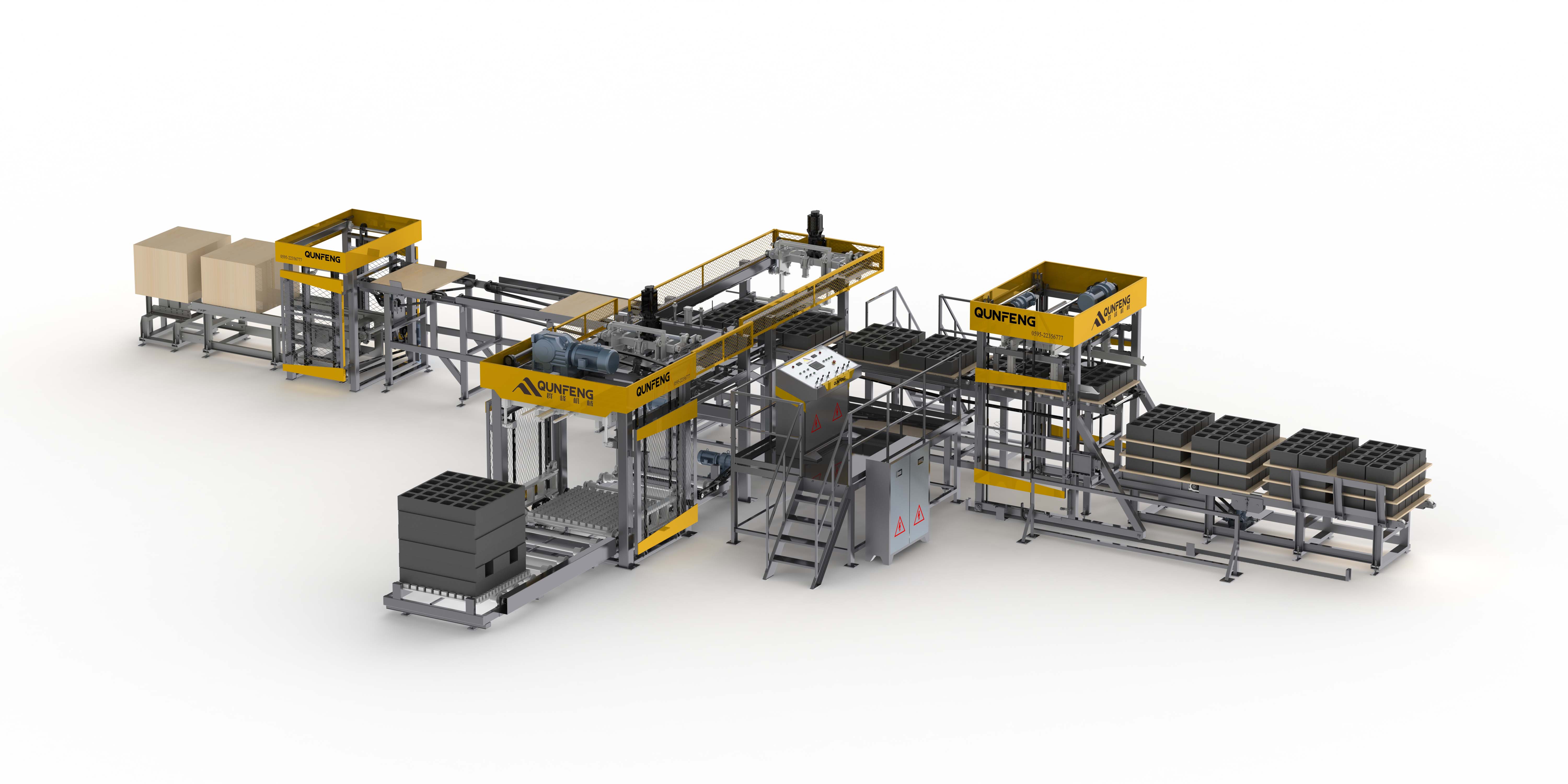 কংক্রিট ব্লক সামনের দৃশ্যের জন্য QMD1200D নিম্ন অবস্থান প্যালেটাইজিং সিস্টেম